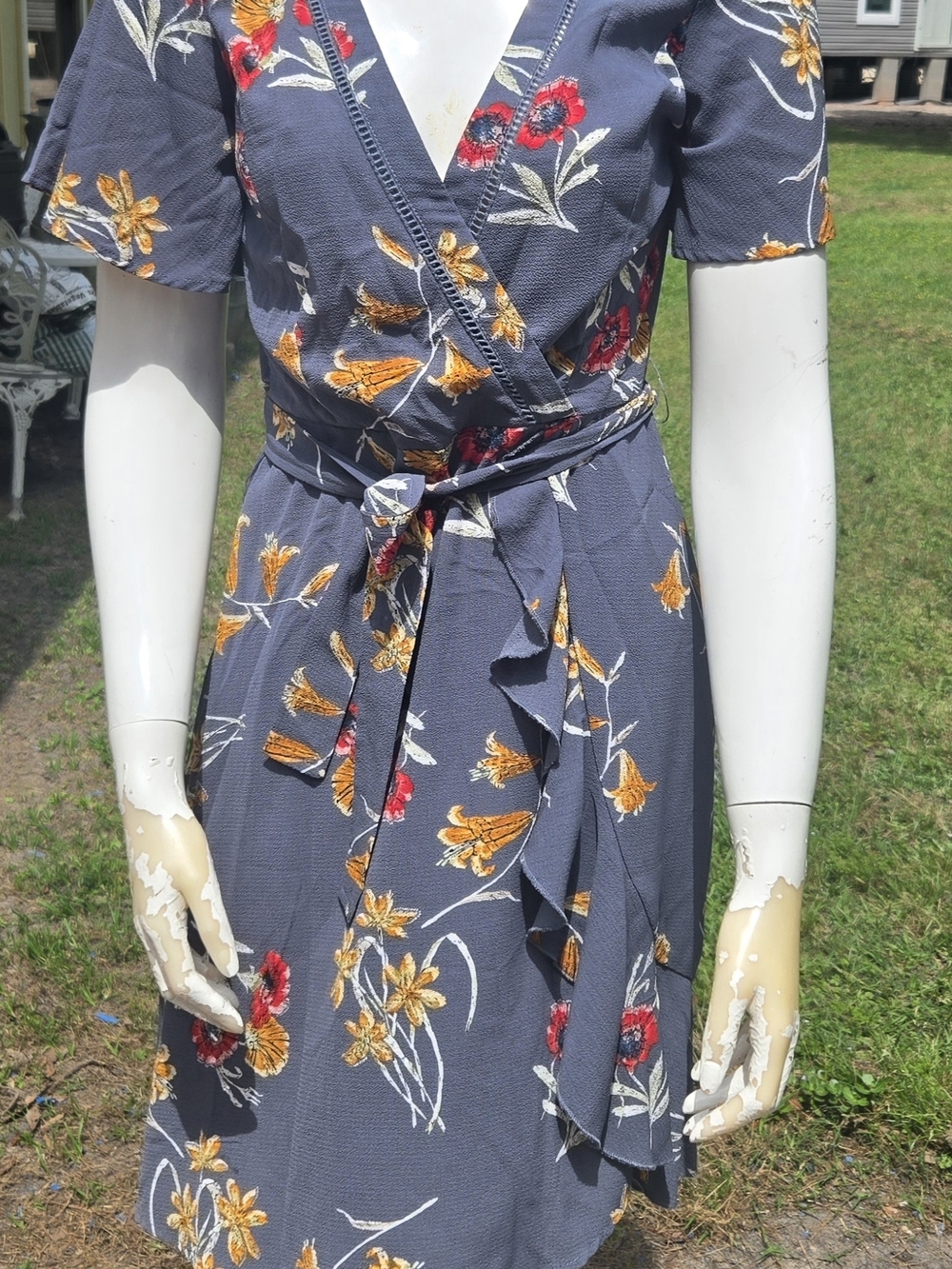 Floral Wrap Midi Dress in Slate Blue with Yellow & Red Blooms